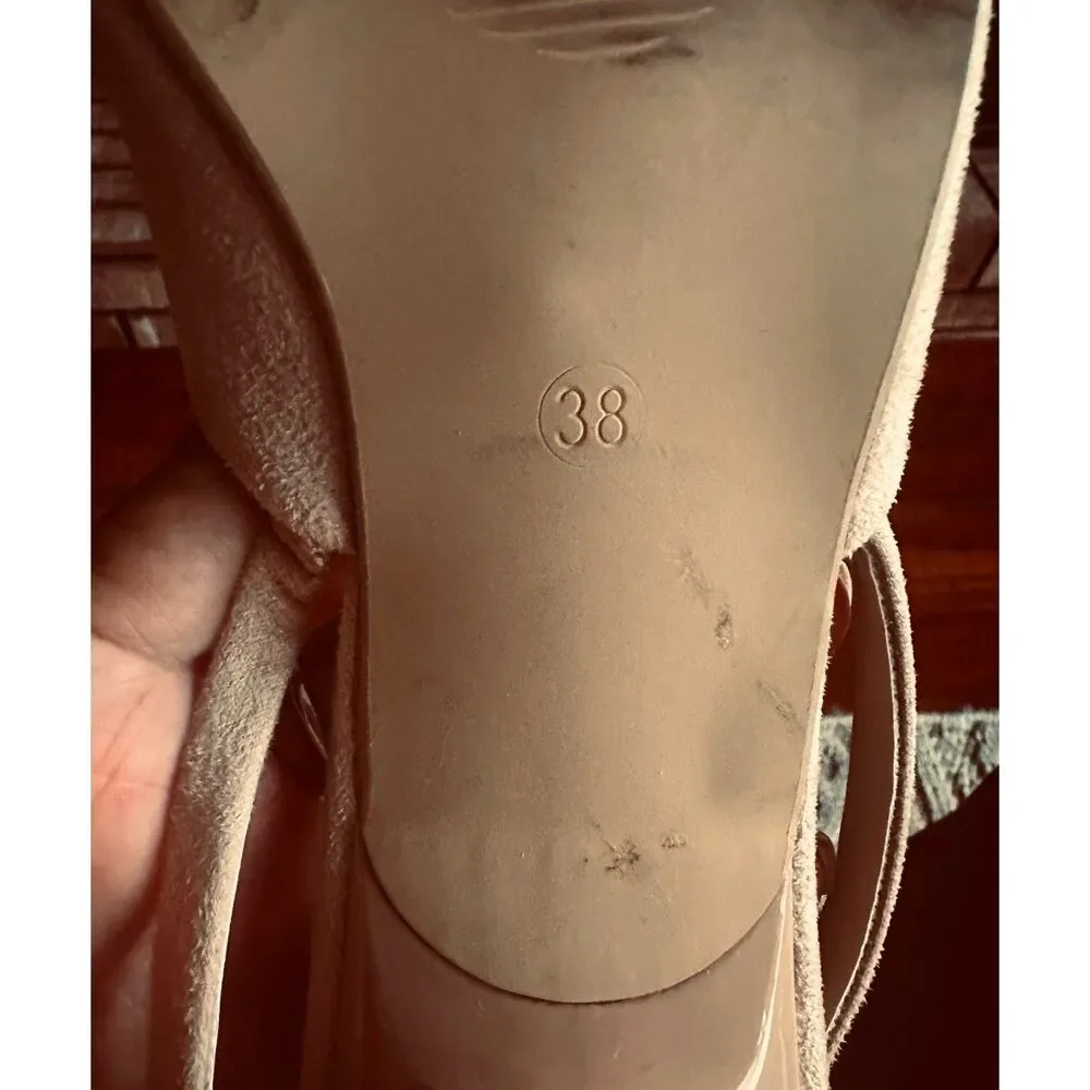 Nude Vegan Leather Glam Kitten Heel Rhinestone Buckle Slingback Pointed Pumps 38